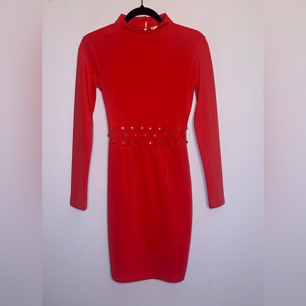 Elisabetta Franchi long sleeve pencil dress orange pink with gold studs